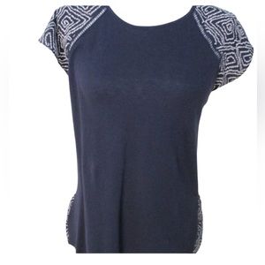 LOFT Navy Blue Tee Shirt Geometric Printed Cap Sleeves and Back Peplum Size SP